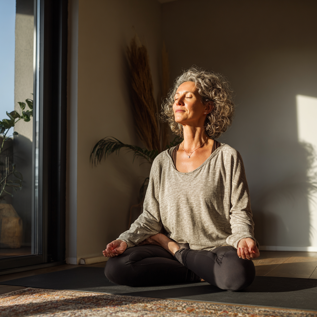 50 years old adult practicing gentle morning yoga routine in peaceful home environment