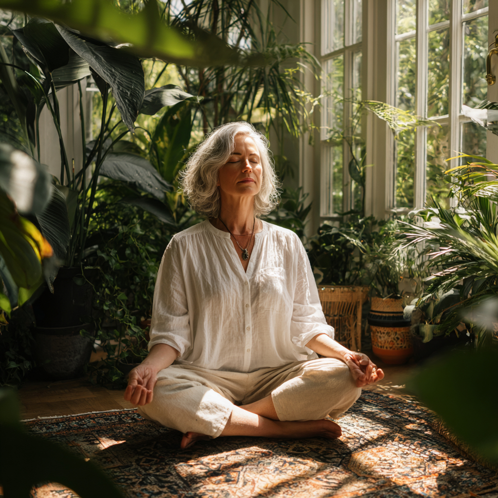 51 years old person in peaceful meditation pose surrounded by natural light and plants